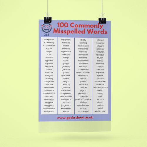100 commonly misspelled words a4 poster instant download geek school tutoring 11 plus tuition key stage 2 tuition key stage 3 and gcse tuition bromley and lewisham borough centres online tuition