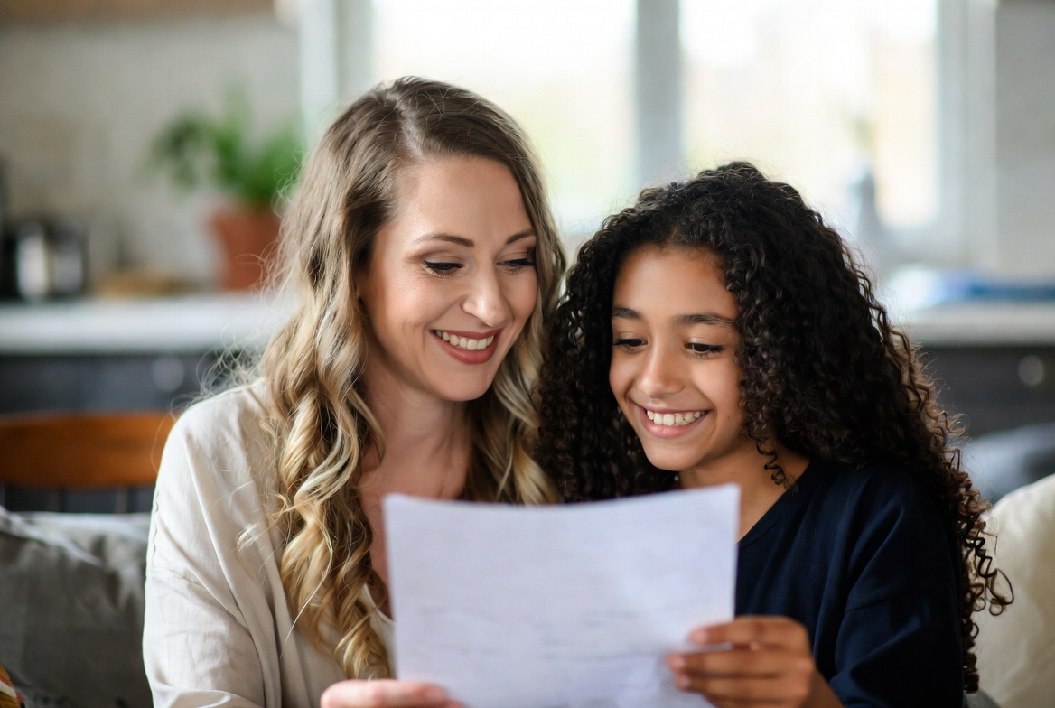 Happy student and parent celebrating exam results at Geek School Tutoring